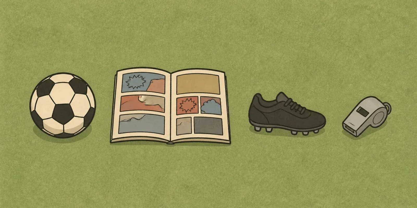 Uma bola, um gibi aberto, uma chuteira e um apito, lado a lado no gramado