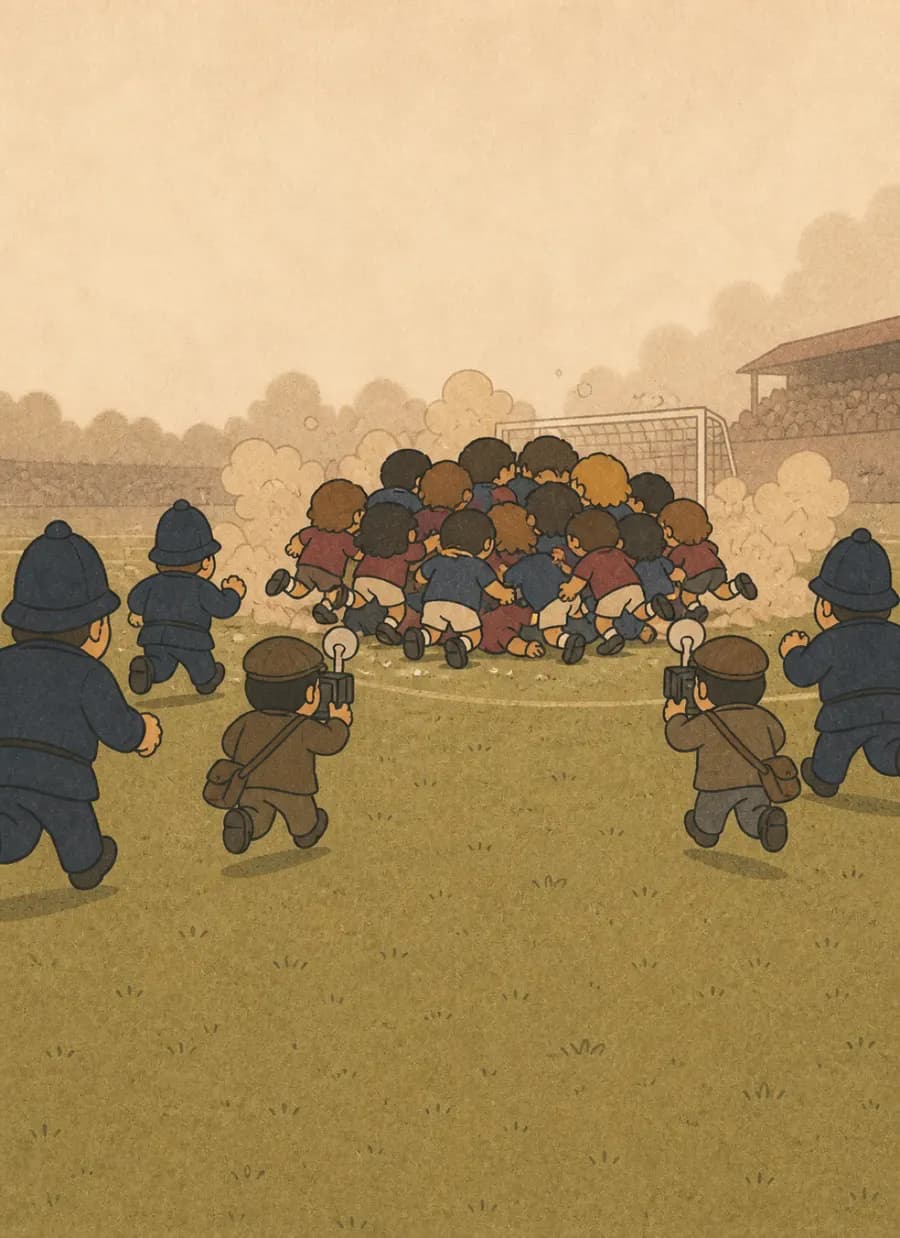 O árbitro expulsou os 22 jogadores em campo, e o recorde durou 70 anos — painel 4 de 6